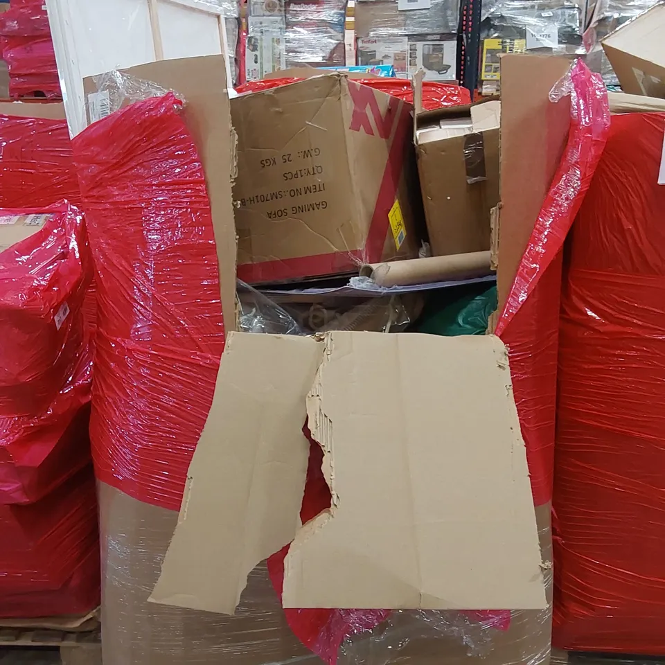 PALLET OF ASSORTED HOUSEHOLD ITEMS AND CONSUMER PRODUCTS. INCLUDING; GAMING CHAIR, BOXED FURNITURE ETC 