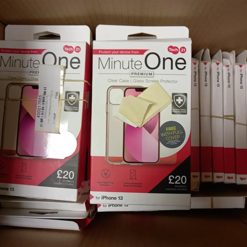 BOX OF APPROX 30 TECH 21 MINUTE ONE PREMIUM PHONE CASE AND SCREEN PROTECTOR FOR ASSORTED PHONES