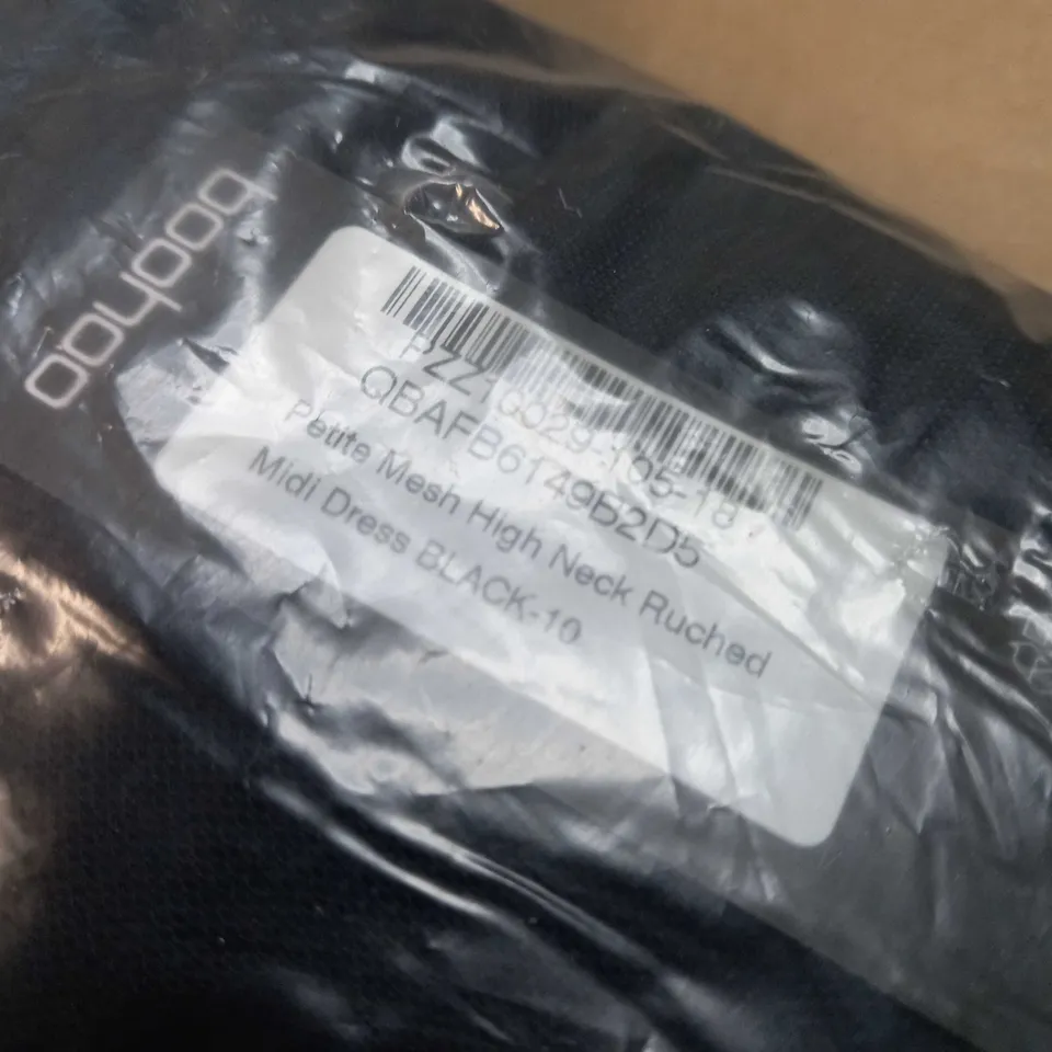 PACKAGED BOOHOO BLACK PETITE MESH HIGH NECK RUCHED MIDI DRESS - SIZE 10