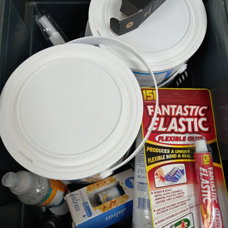 BOX OF APPROX 10 ASSORTED LIQUIDS TO INCLUDE - FANTASIC ELASTIC, YACHT VARNISH, OUD ETC