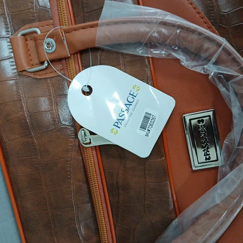 BROWN FAUX CROCODILE-EMBOSSED HANDBAG WITH LEATHER TRIM AND TOP HANDLES 