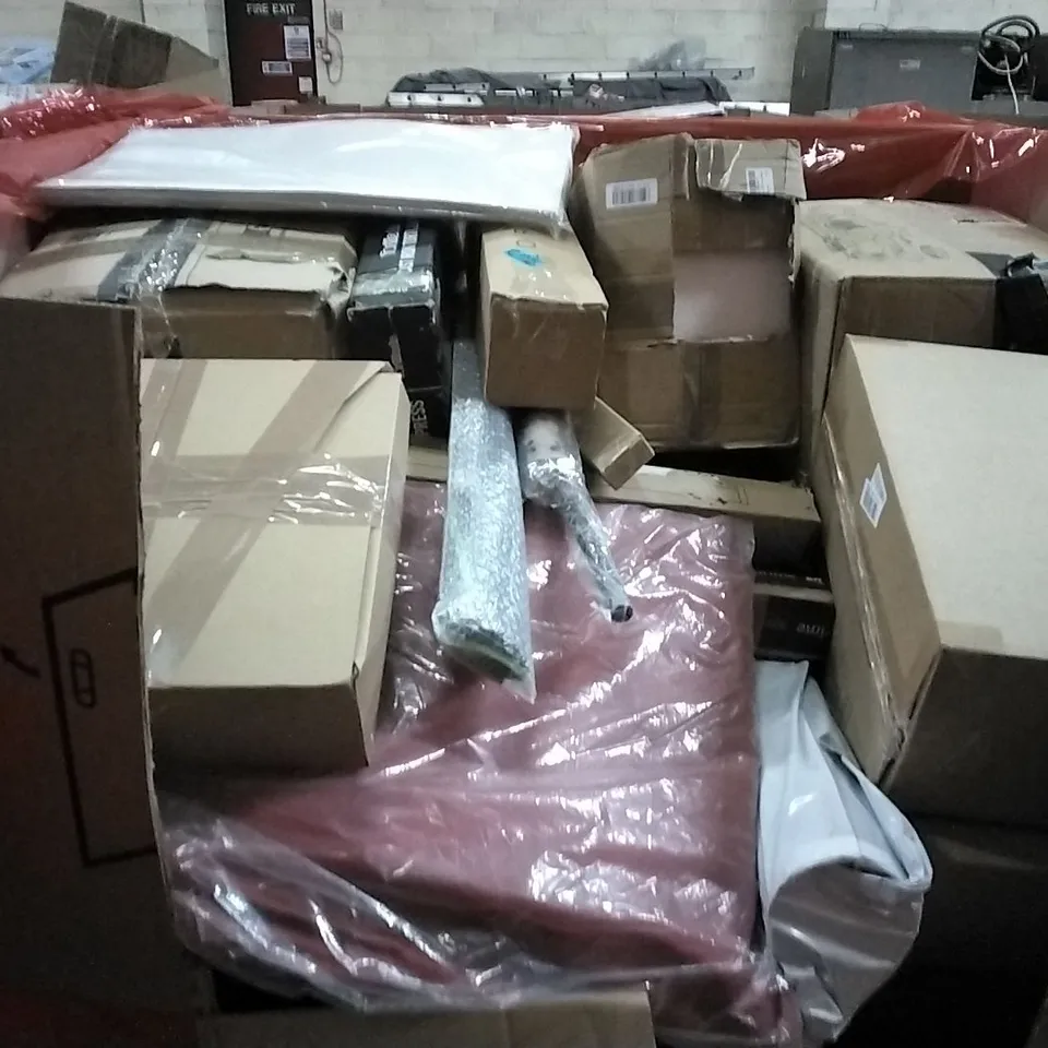 PALLET OF HOUSEHOLD ITEMS TO INCLUDE CAST IRON TORTILLA PRESS,CORK YOGA MAT,FOOD PROCESSOR AND OTHER ASSORTED ITEMS...