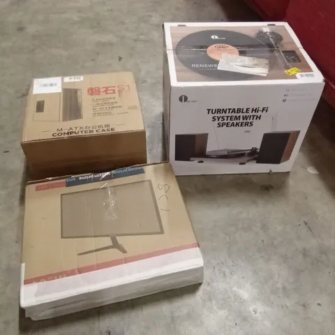 PALLET OF ASSORTED HOUSEHOLD GOODS AND PRODUCTS TO INCLUDE; COMPUTER CASE, COMPUTER MONITOR, TURNTABLE SYSTEM ETC