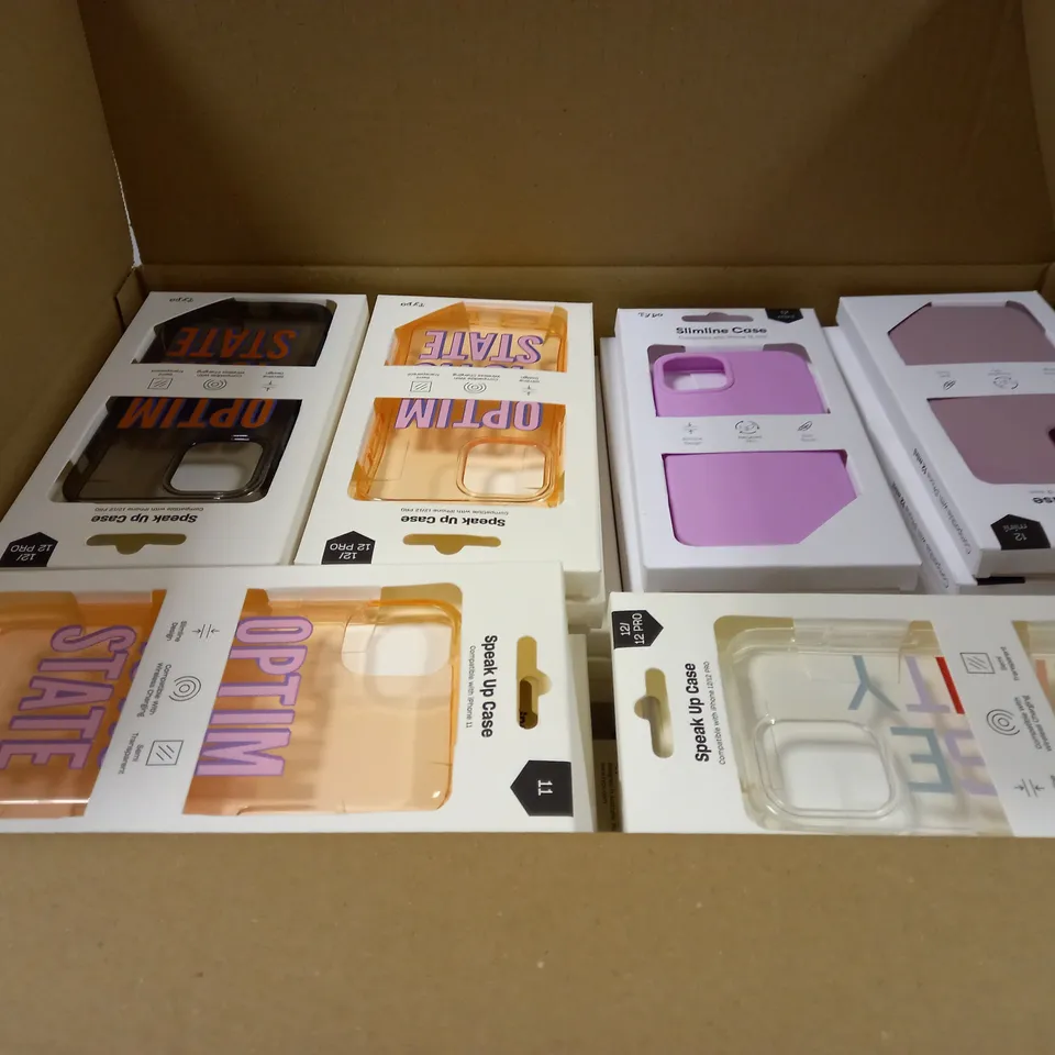 BOX OF APPROXIMATELY 51 TYPO PHONES CASES ('SLIMLINE CASE' & 'SPEAK UP CASE') FOR IPHONE 11, 12 MINI, 12/12PRO IN VARYING COLOURS