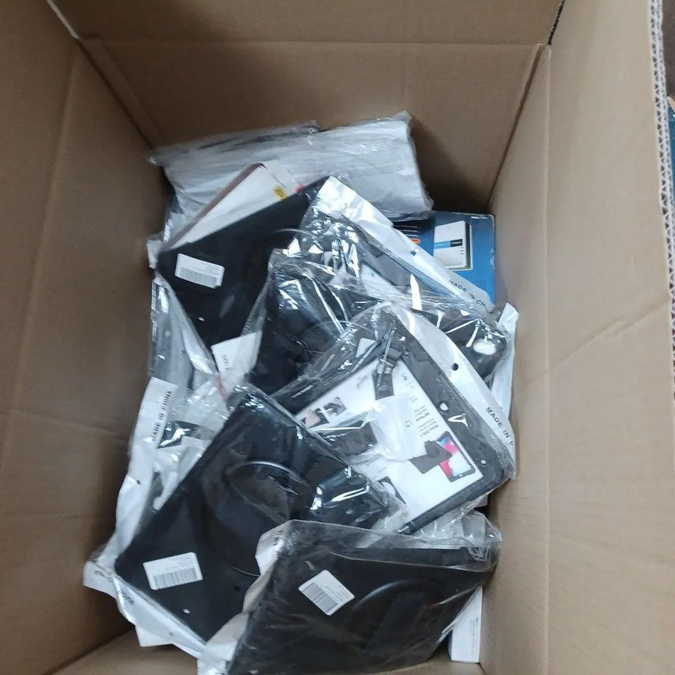 BOX OF ASSORTED ELECTRONICAL ITEMS TO INCLUDE ZEBRA CARD CLEANER, ZAGG IPHONE CASE, APPLE IPAD PRO CASE ETC 