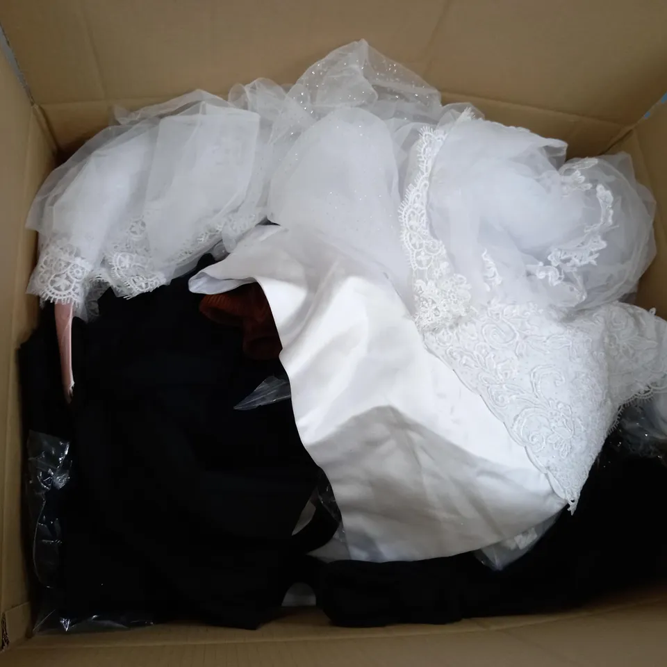 LARGE BOX OF ASSORTED CLOTHING ITEMS IN VARIOUS COLOURS AND SIZES INCLUDING TROUSERS , TOPS AND JUMPERS 