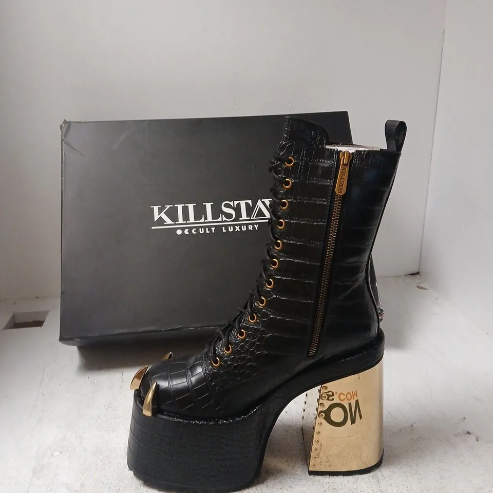 KILLSTAR REPTILIA BOOTS UK7 – BLACK CROC-EFFECT PLATFORM BOOTS