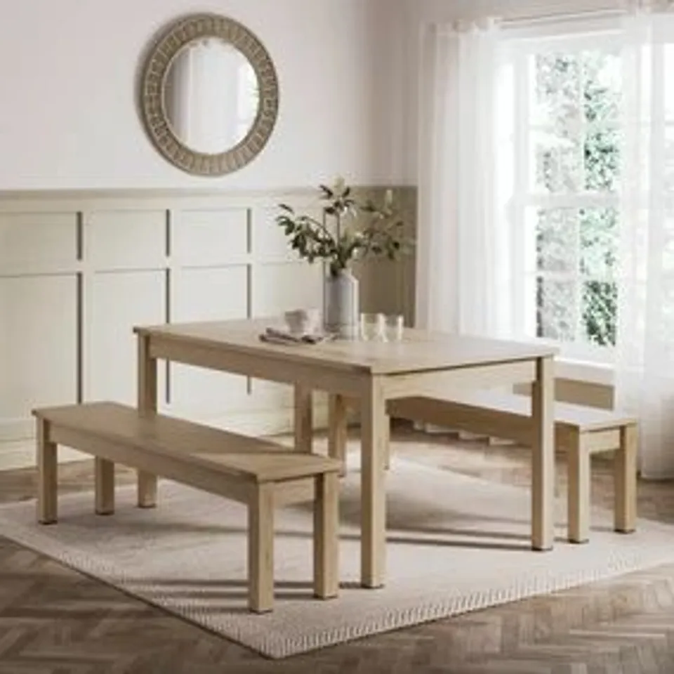 BOXED DUNELM OLNEY DINING BENCH SET OAK (2 BOXES)