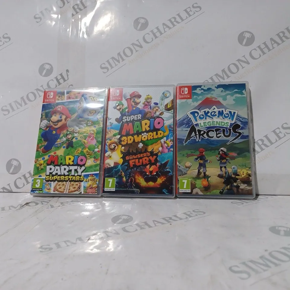 3 ASSORTED NINTENDO SWITCH GAMES TO INCLUDE: MARIO PARTY, MARIO 3D WORLD & POKEMON LEGENDS  