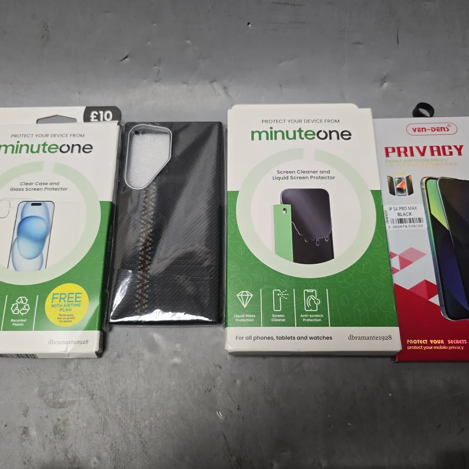 APPROXIMATELY 14 ASSORTED ITEMS TO INCLUDE - MINUTE ONE SCREEN CLEANER , VEN-DENS PRIVACY TEMERED GLASS , PHONE CASES ETC