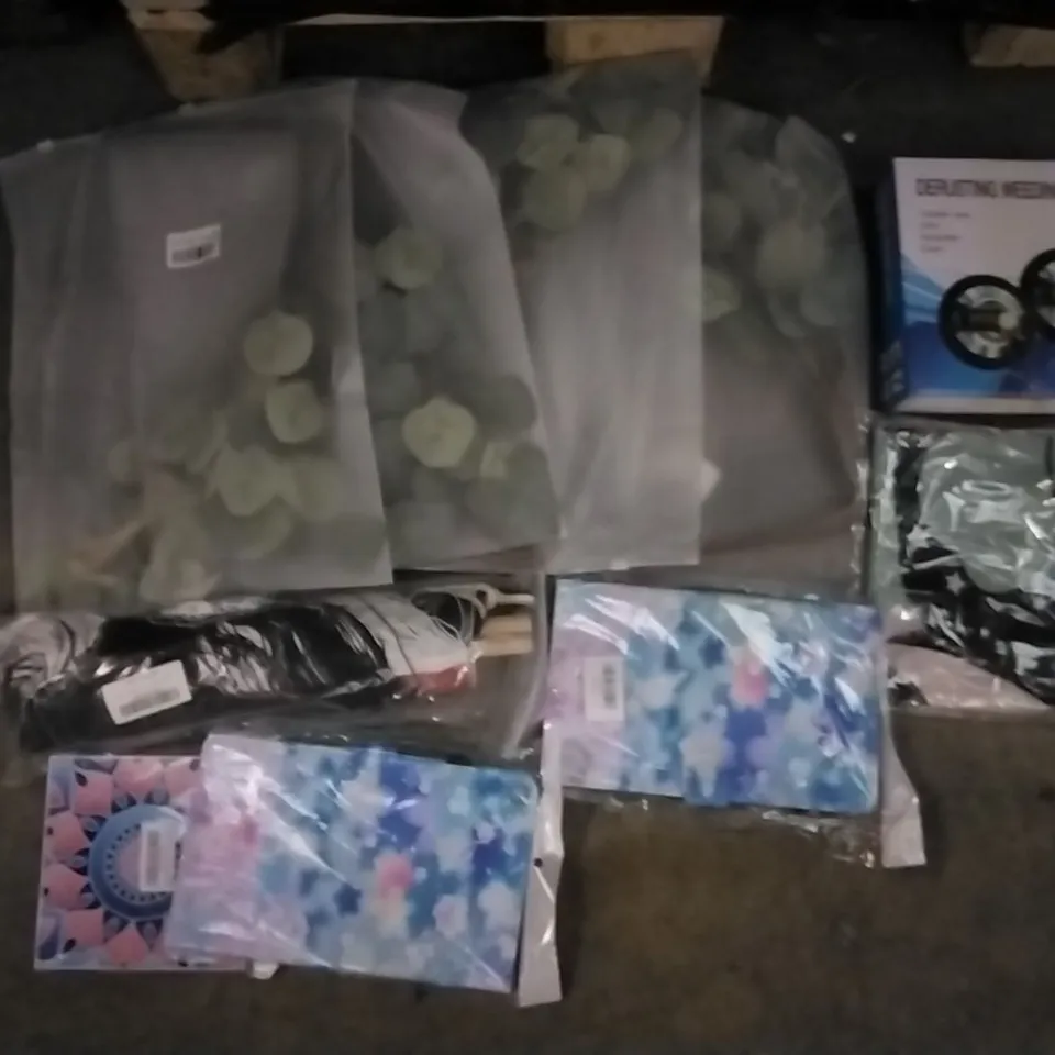 PALLET OF ASSORTED ITEMS INCLUDING DERUSTING WEEDING WHEELS, BUNNY COMB EASTER EGG, GLASS SCREEN PROTECTOR, TABLET CASES, SET OF 2 SUN AND MOON TAPESTRY, DOUBLE PLANT HANGERS