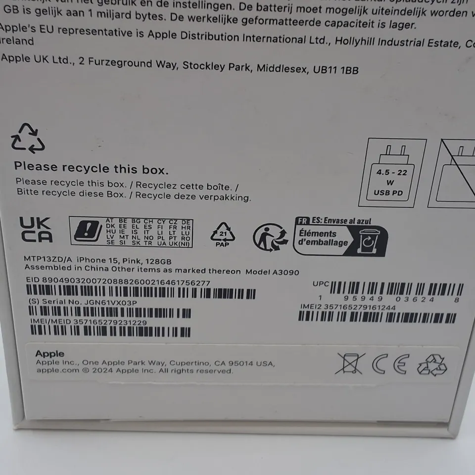 BOXED APPLE IPHONE 15 128GB IN PINK - A3090