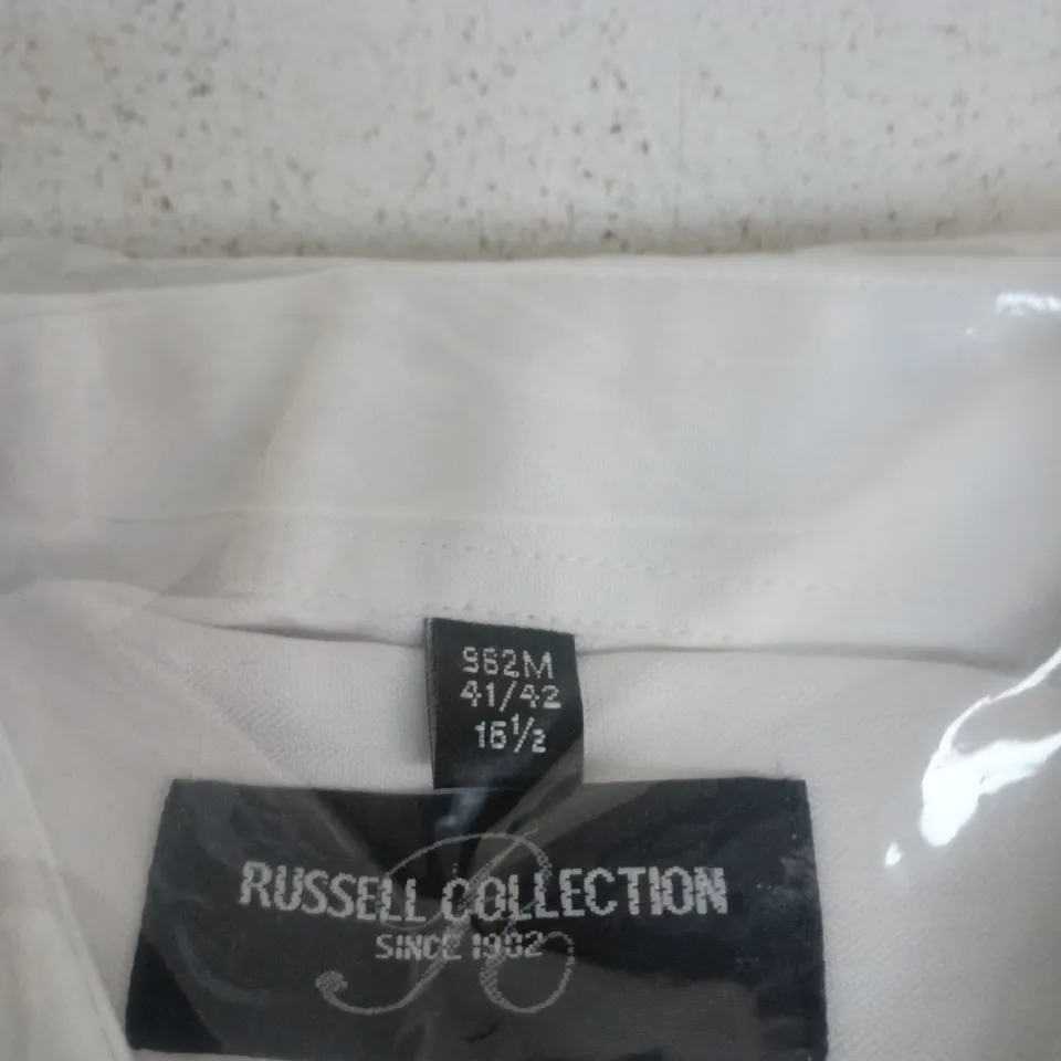 RUSSELL COLLECTION MEN'S WHITE HERRINGBONE LONG-SLEEVE SHIRT – UK 16.5
