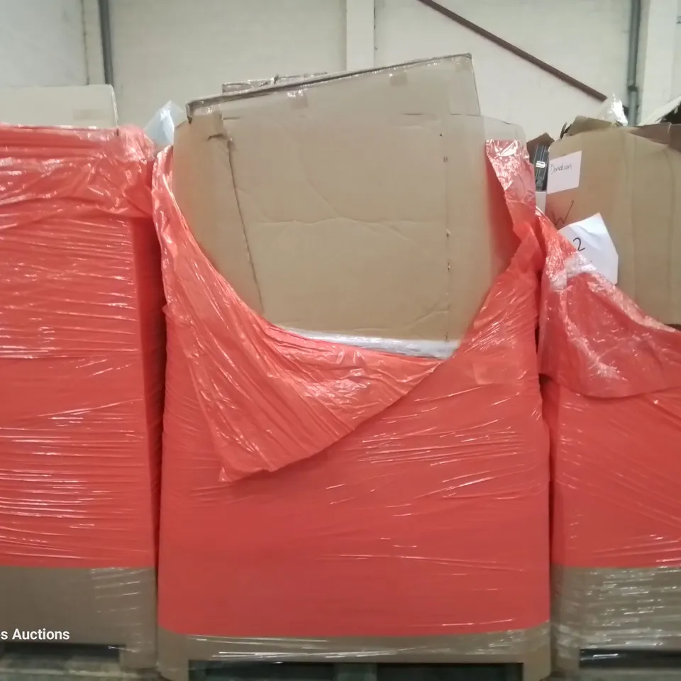 PALLET OF ASSORTED ITEMS INCLUDING: TWIN BED FRAME WITH HEADBOARD, HEATED THROW, MODERN LED CEILING LIGHT, BABIES SAFETY FENCE, TOILET SEAT