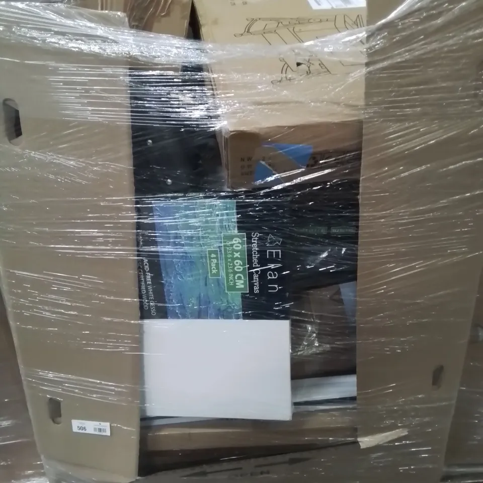 PALLET CONTAINING VARIOUS ASSORTED ITEMS TO INCLUDE: BLANK CANVASSES, BABY BASSINET AND SLEEPER, BABY CAR SEAT ETC.