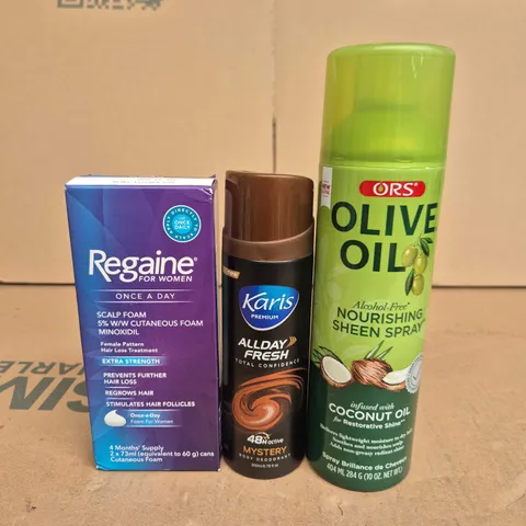 APPROXIMATELY 15 ASSORTED AEROSOLS TO INCLUDE OLIVE OIL , KARIS AND REGAINE