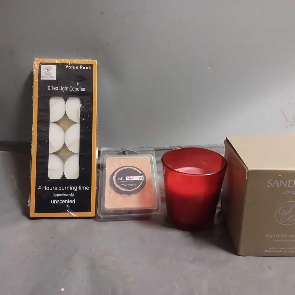 APPROXIMATELY 10 ASSORTED ITEMS TO INCLUDE - 10 TEA LIGHTS CANDLES , SANDY BAY LON SAFFRON AMBER , CANDLE ETC