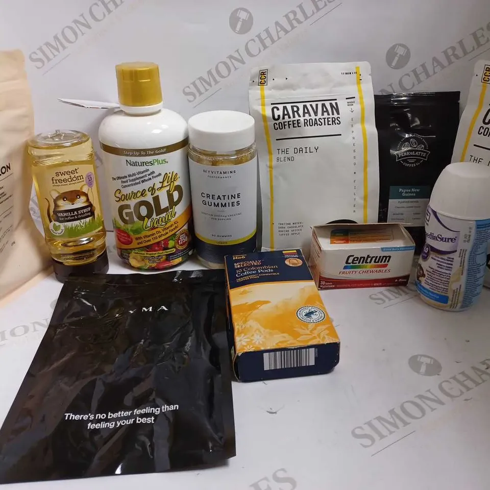 LOT OF APPROXIMATELY 11 ITEMS TO INCLUDE CARAVAN COFFEE ROASTERS THE DAILY BLEND (200g), MYVITAMINS CREATINE LEMON GUMMIES (90 GUMMIES), NATURES PLUS SOURCE OF LIFE GOLD LIQUID (887ml), ETC