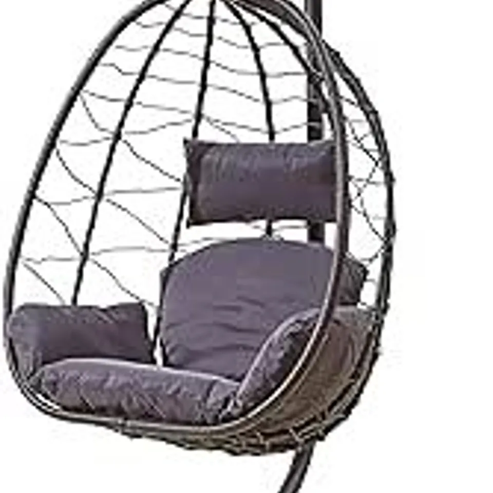 BOXED NEO RATTAN EGG CHAIR SWING GARDEN HANGING SEAT HAMMOCK WITH CUSHIONS STAND FOR OUTDOOR PATIO/INDOOR (DARK GREY) (1 BOX)