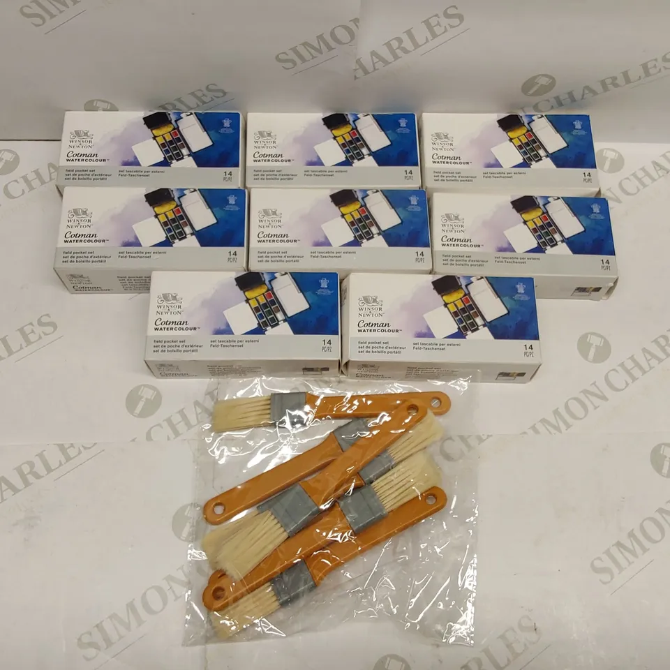 BOX OF APPROXIMATELY 8X BRAND NEW WINDSOR & NEWTON COTMAN WATERCOLOUR SETS AND 1X 8PCS PAINT BRUSHES
