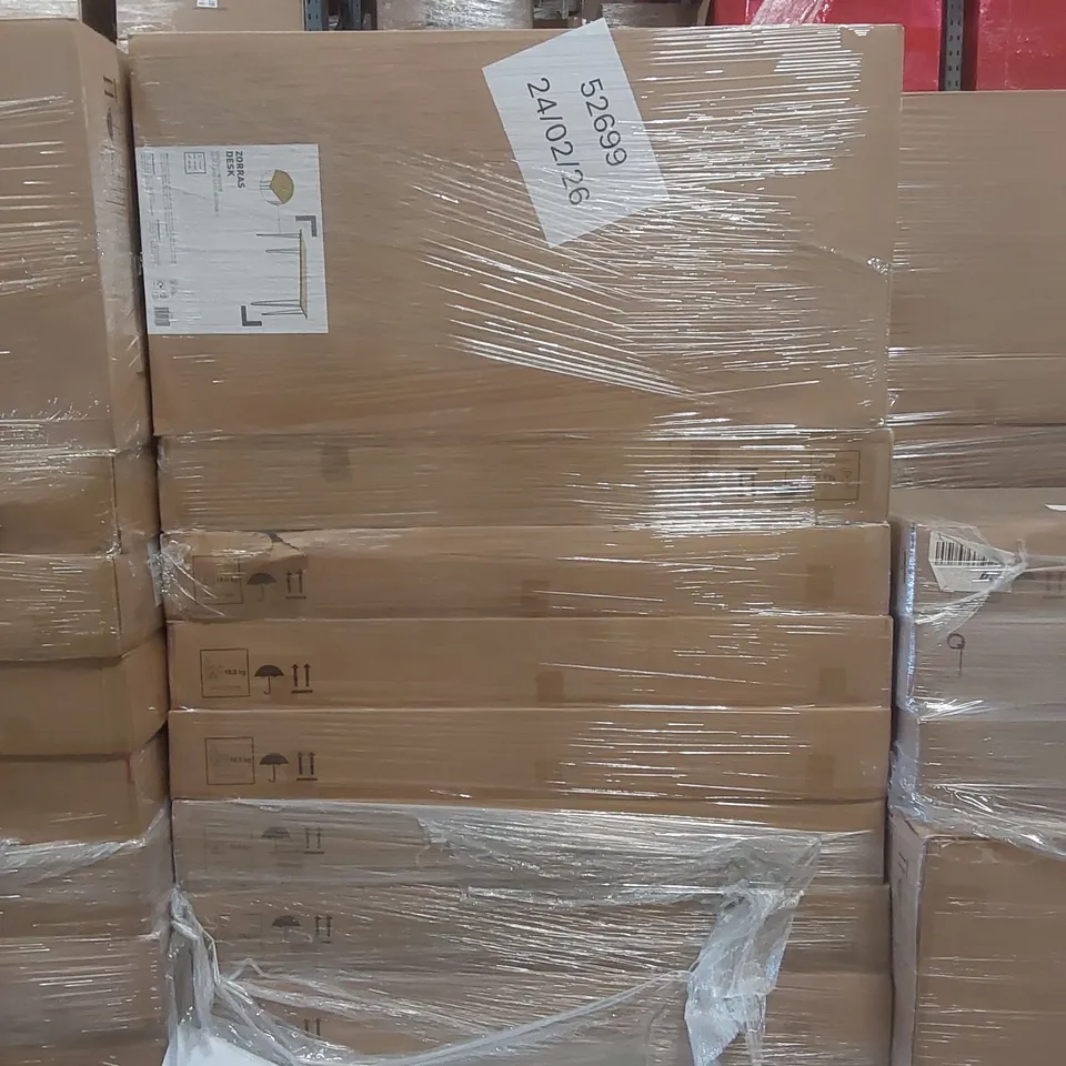 PALLET CONTAINING A LARGE QUANTITY OF BRAND NEW ZORRAS WALNUT EFFECT DESKS 