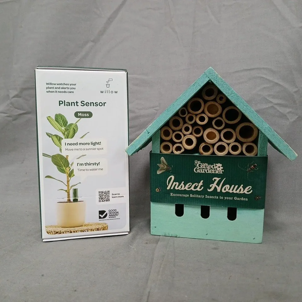 BOX OF APPROXIMATELY 10 ASSORTED HOUSEHOLD ITEMS TO INCLUDE INSECT HOUSE, PLANT SENSOR, ETC
