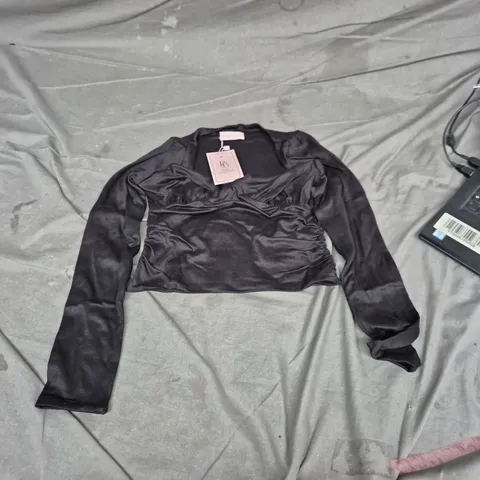 PINK BOUTIQUE  COUTURE BLACK SATIN RUCHED LONG-SLEEVE TOP (VERIFY MODEL)