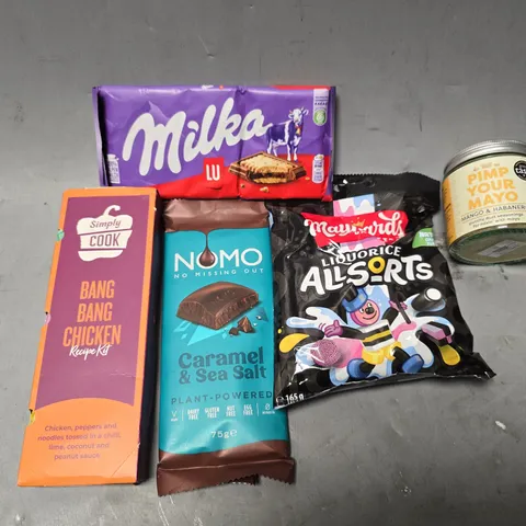 APPROXIMATELY 15 ASSORTED FOOD ITEMS TO INCLUDE - MILKA LU , SIMPLY COOK BANG BANG CHICKEN ETC