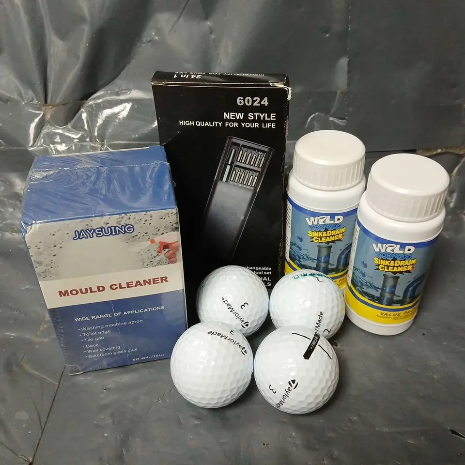 APPROXIMATELY 15 ASSORTED HOUSEHOLD ITEMS TO INCLUDE MOULD CLEANER, GOLFBALLS, SINK & DRAIN CLEANER, ETC