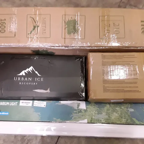 PALLET OF ASSORTED HOUSEHOLD ITEMS TO INCLUDE AQUARIUM LIGHT, PORTABLE ICE BATH AND 7FT XMAS TREE