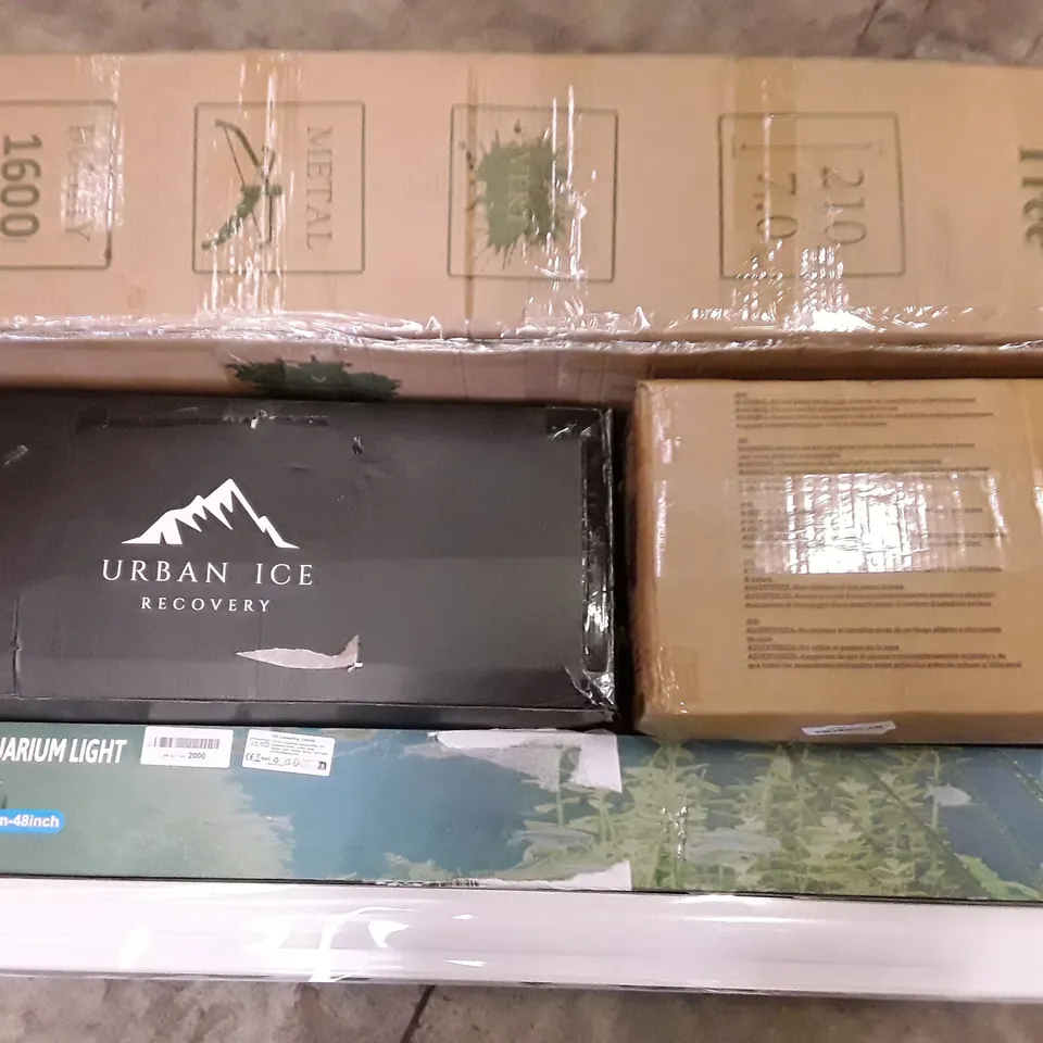 PALLET OF ASSORTED HOUSEHOLD ITEMS TO INCLUDE AQUARIUM LIGHT, PORTABLE ICE BATH AND 7FT XMAS TREE