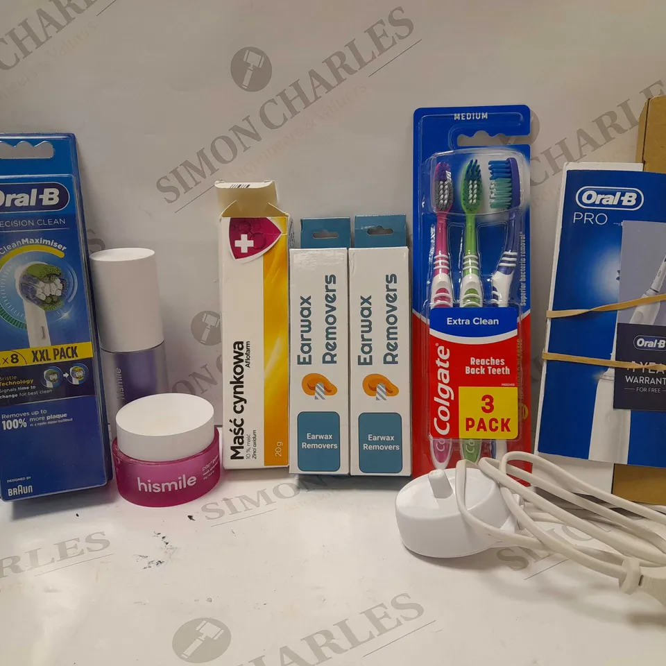 LOT OF APPROX 10 ASSORTED HEALTHCARE PRODUCTS TO INCLUDE COLGATE TOOTHBRUSHES, EARWAX REMOVERS, HISMILE TEETH WHITENING POWDER, ETC
