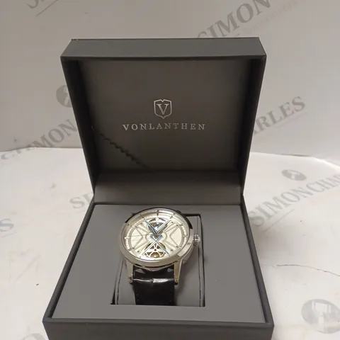 MENS VONLANTHEN AUTOMATIC WATCH – SILVER AND BLUE TEXTURED DIAL - GLASS EXHIBITION BACKCASE – BLACK LEATHER STRAP