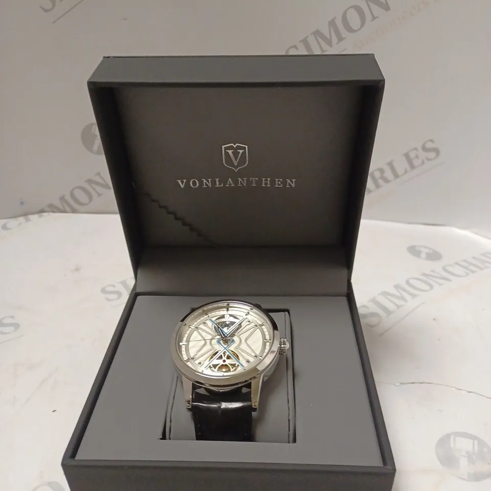 MENS VONLANTHEN AUTOMATIC WATCH – SILVER AND BLUE TEXTURED DIAL - GLASS EXHIBITION BACKCASE – BLACK LEATHER STRAP