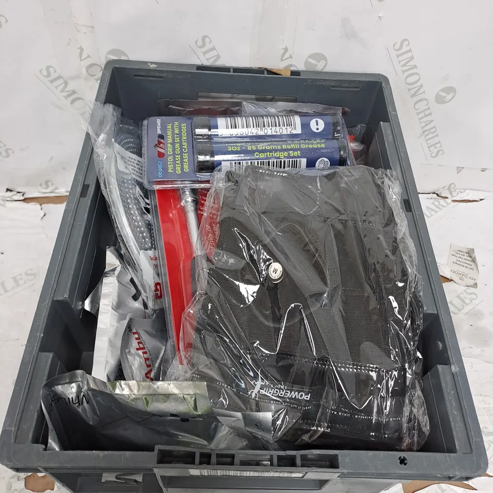 TOTE OF ASSORTED HOUSEHOLD ITEMS TOO INCLUDE GREASE GUN , LEEDA SOFT TORCH , CARBON ALARM , ETC 