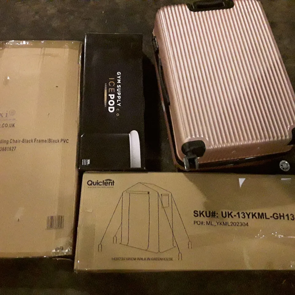 PALLET OF ASSORTED PRODUCTS INCLUDING WALK IN GREEN HOUSE, FOLDING CHAIR, SUITCASE, COLD WATER THERAPY TUBE, SIDE TABLE  