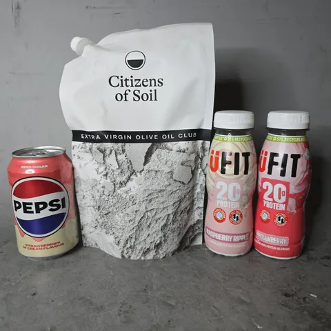 APPROXIMATELY 10 ASSORTED FOOD & DRINK ITEMS TO INCLUDE -  UFIT STRAWBERRY DRINK , PEPSI STRAWBERRY & CREAM , CITIZENS OF SOIL OILVE OIL ETC
