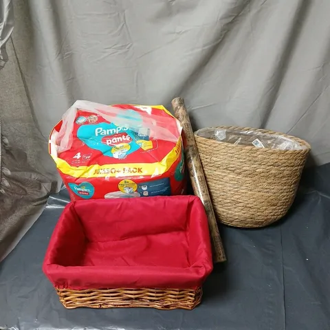 CAGE OF APPROXIMATELY 15 ASSORTED HOUSEHOLD ITEMS TO INCLUDE WICKER BASKET, WICKER BIN, PAMPERS JUMBO PACK, WRAPPING PAPER ETC