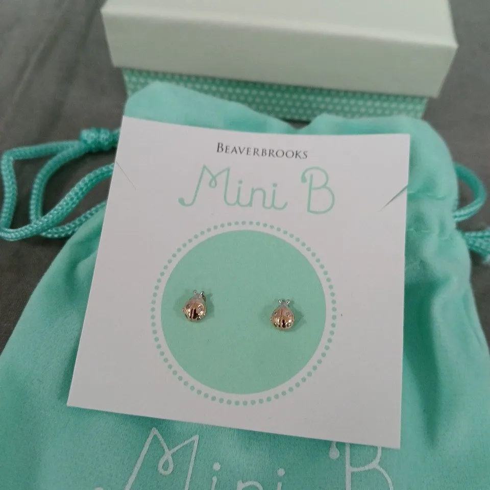 BEAVERBROOKS MINI B SILVER AND ROSE GOLD PLATED LADYBIRD STUD EARRINGS – 925 STAMP, BOXED