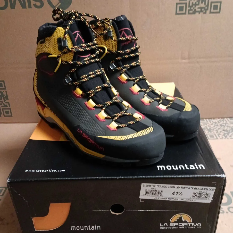 BOXED PAIR OF LA SPORTIVA TRANGO TECH LEATHER GTX HIKING BOOTS – BLACK/YELLOW - 7.5