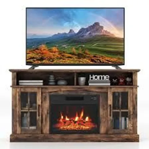 BOXED COSTWAY 58 INCH RUSTIC FIREPLACE TV STAND WITH 2 OPEN STORAGE COMPARTMENTS - BLACK