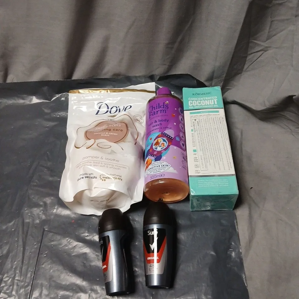 APPROXIMATELY 15 ASSORTED COSMETICS INCLUDING COCONUT OIL MOUTHWASH OIL, DOVE BATH SALTS, SURE ROLL ON, CHILDS FARM HAIR AND BODY WASH ETC