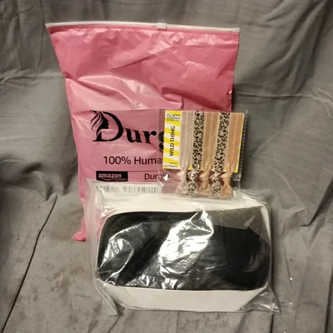 APPROXIMATELY 15 ASSORTED HAIR CARE PRODUCTS INCLUDING WIGS, BRAIDS AND HAIR TIES