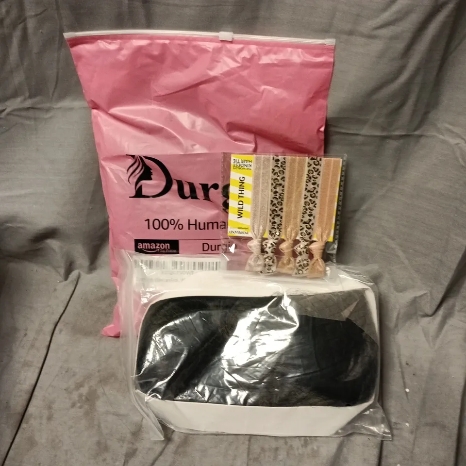 APPROXIMATELY 15 ASSORTED HAIR CARE PRODUCTS INCLUDING WIGS, BRAIDS AND HAIR TIES