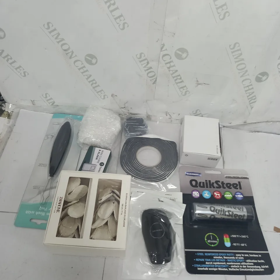 TOTE OF APPROXIMATELY 15 ASSORTED HOUSEHOLD  ITEMS TOO INCLUDE GARLANDS , SEALANT PACK , BUTTON HOOKS , ETC 