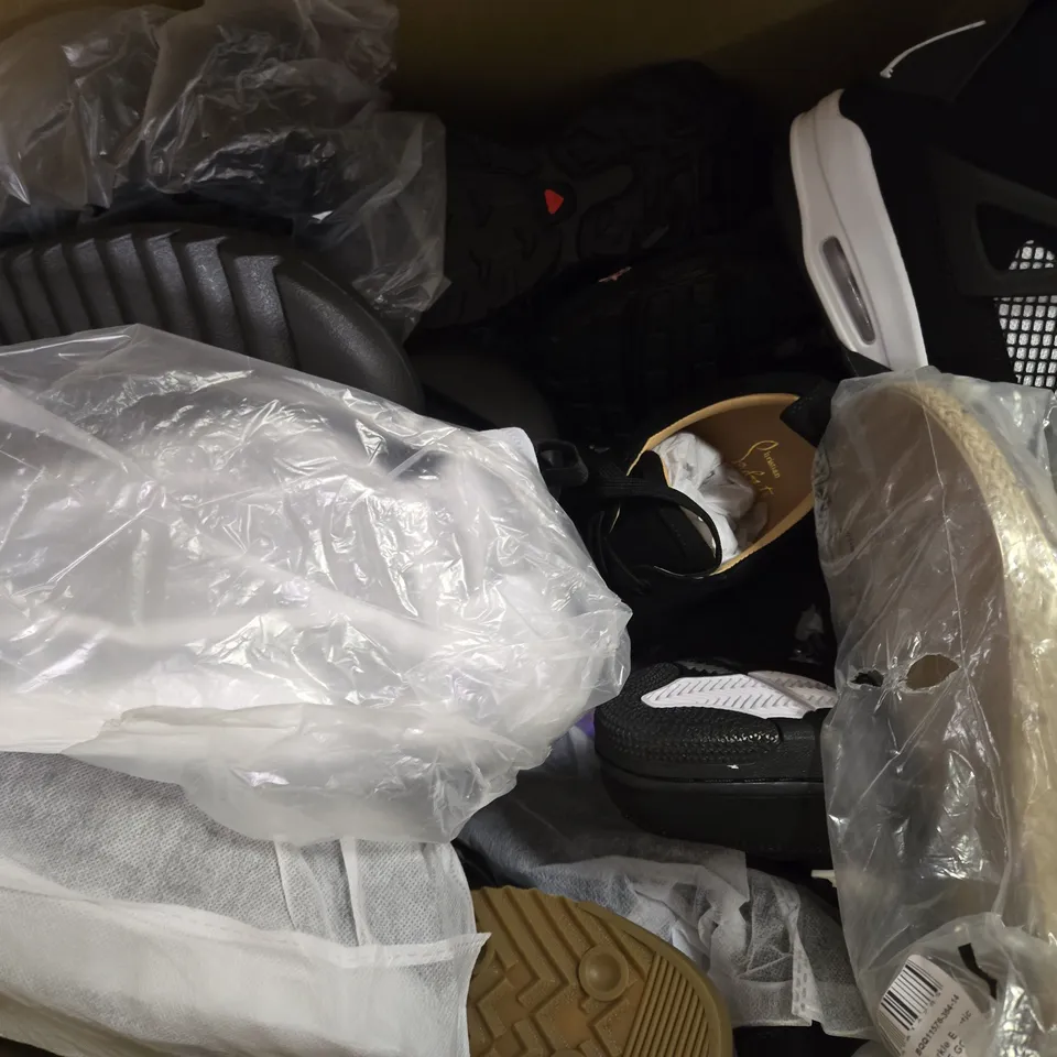 BOX OF APPROXIMATELY 15 ASSORTED PAIRS OF SHOES AND FOOTWEAR ITEMS IN VARIOUS COLOURS, STYLES, AND SIZES - COLLECTION ONLY