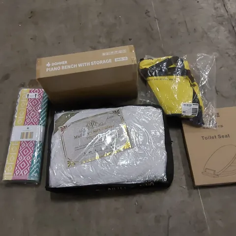 PALLET TO CONTAIN ASSORTED HOUSEHOLD ITEMS AND CONSUMER PRODUCTS. INCLUDING LUXURY PILLOW, TOILET SEATS, PIANO BENCH, TRAVEL BAG, AIR FRYER, OUTDOOR RUG ETC