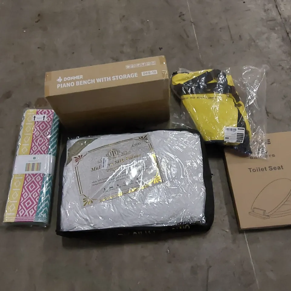 PALLET TO CONTAIN ASSORTED HOUSEHOLD ITEMS AND CONSUMER PRODUCTS. INCLUDING LUXURY PILLOW, TOILET SEATS, PIANO BENCH, TRAVEL BAG, AIR FRYER, OUTDOOR RUG ETC 