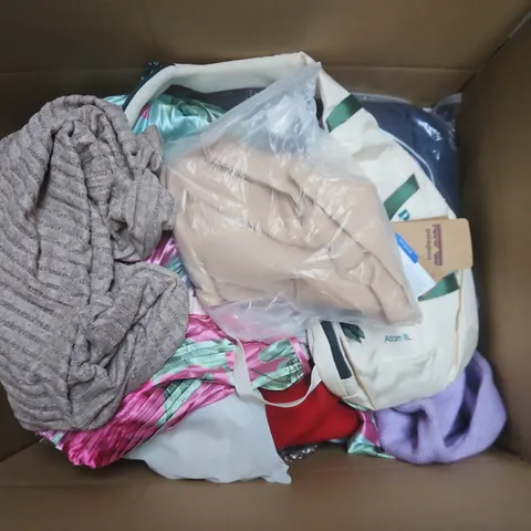 LARGE BOX OF APPROXIMATELY 25 ASSORTED CLOTHING ITEMS IN VARIOUS COLOURS, STYLES AND SIZES - COLLECTION ONLY