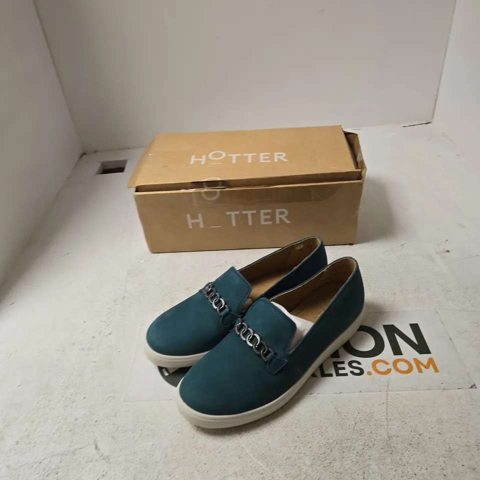 HOTTER TEAL‑GREEN SUEDE SLIP-ON SHOES, UK 6.5 (US 8.5, EU 40)